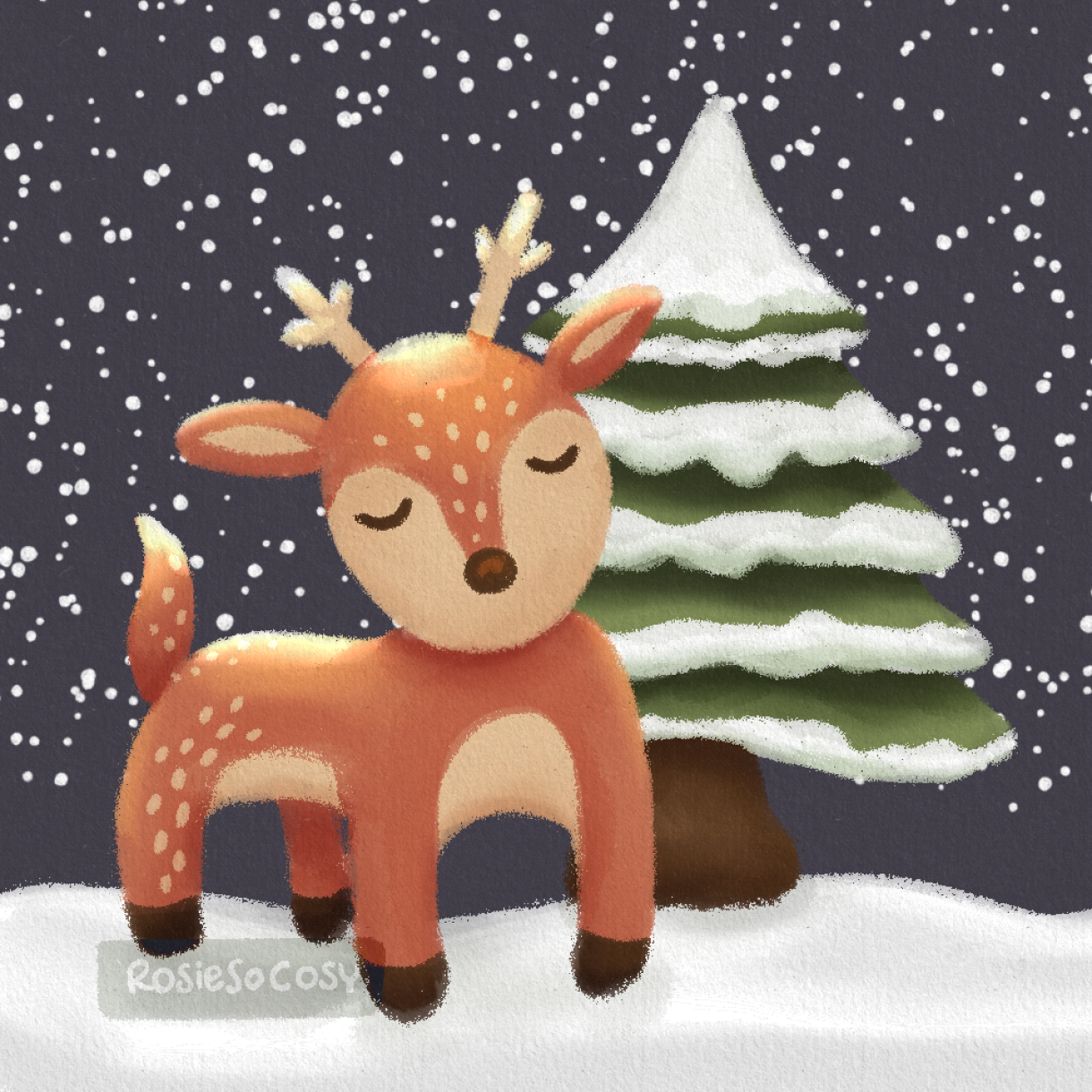 Illustration of a cute reindeer in a wintry forest. It is nighttime and it is snowing.