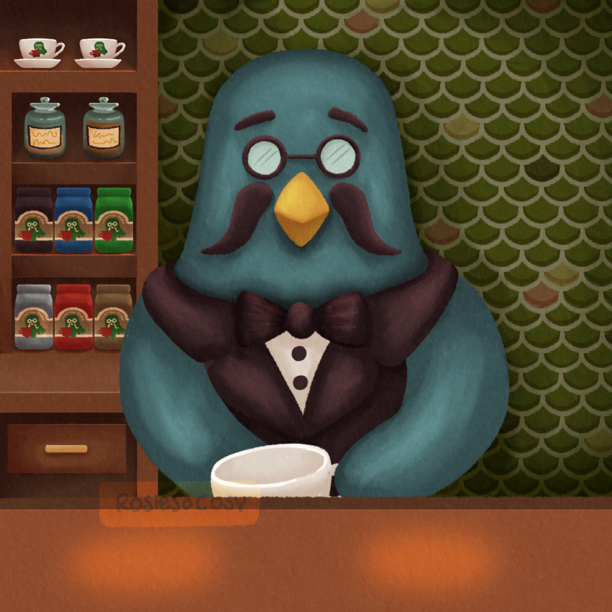 Illustration of Brewster, a character from the Animal Crossing video game series. Brewster is standing behind the counter at The Roost, the cafe inside the museum in Animal Crossing: New Horizons.