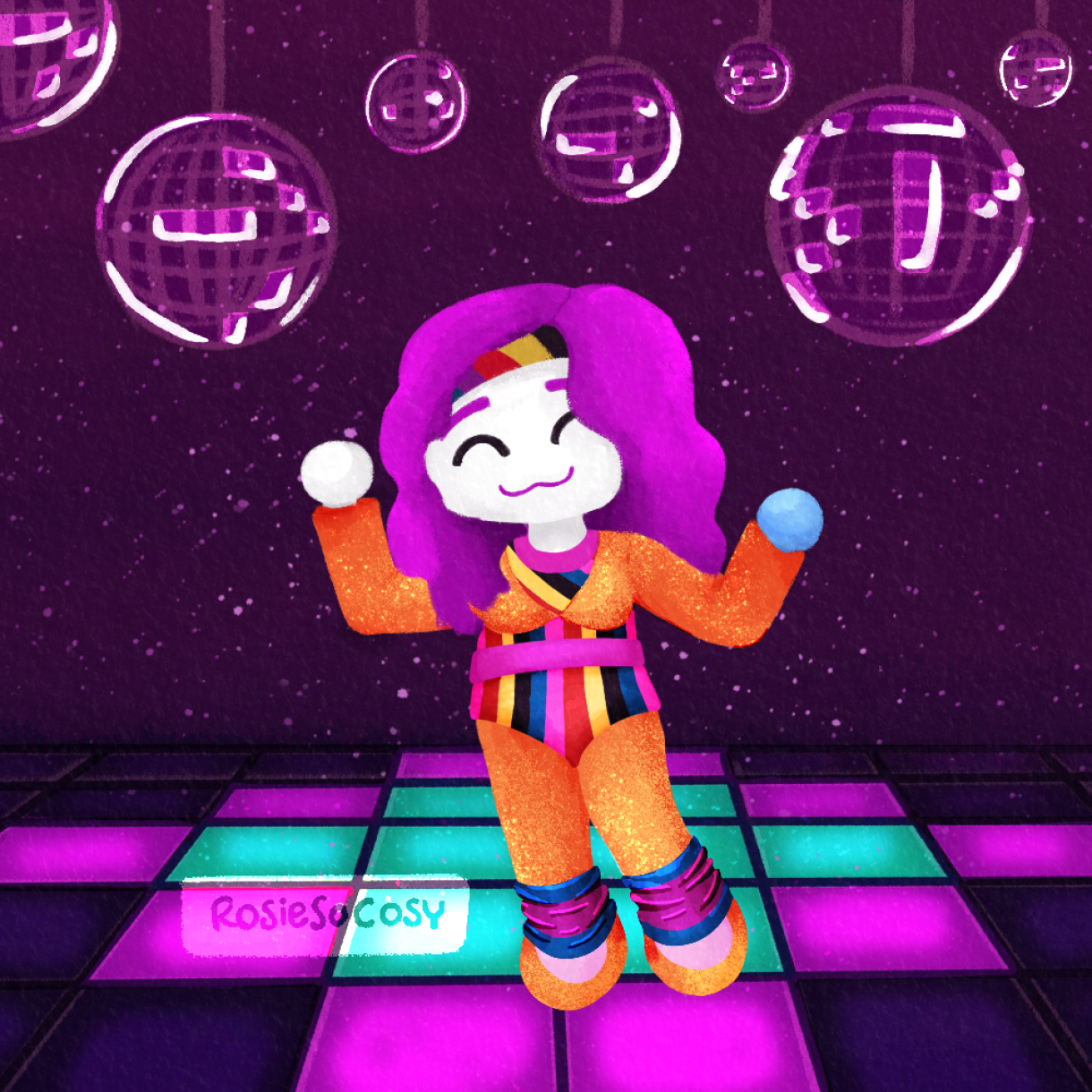 An illustration of an Animal Crossing character in Just Dance style. Or a Just Dance character in Animal Crossing style. It's a mash-up.