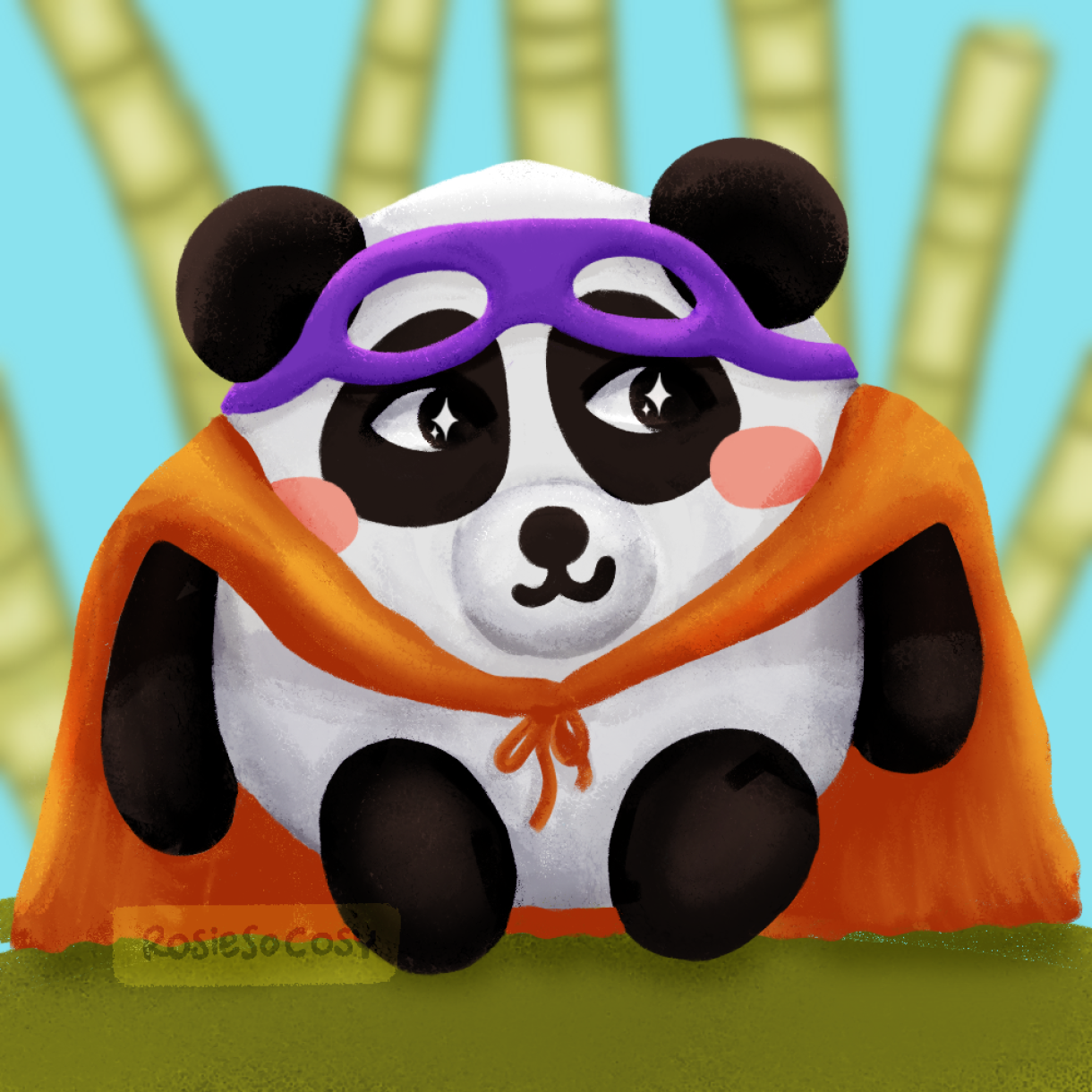 Illustration of a Chonky Panda, wearing a purple mask, and an orange cape. In the background are bamboo trees.