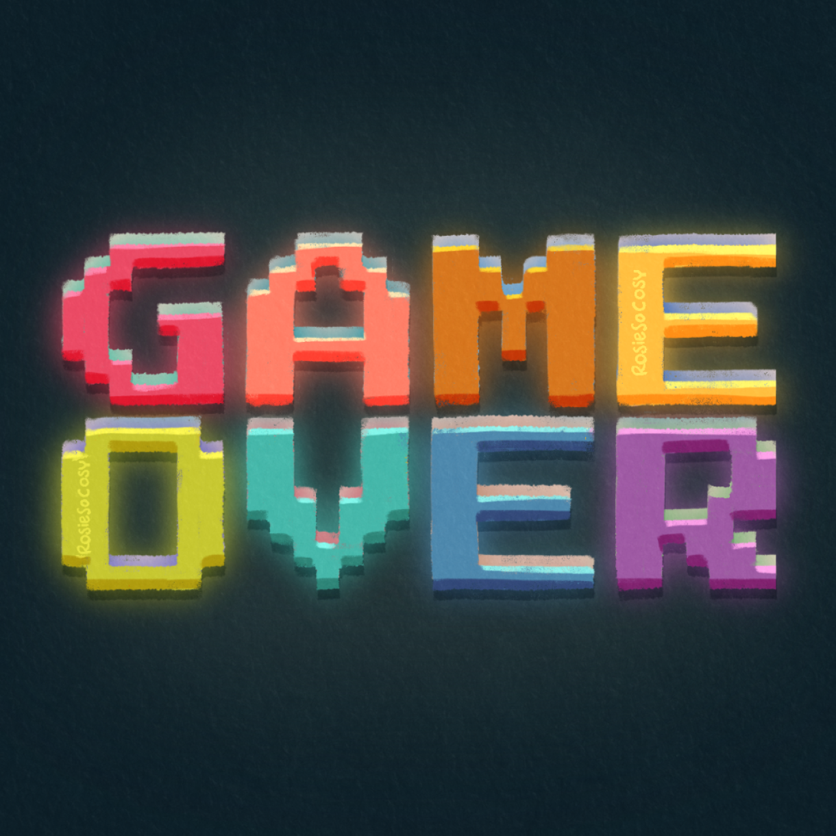 Illustration of the pixel text GAME OVER, in rainbow colours and with a weird 3D like effect.