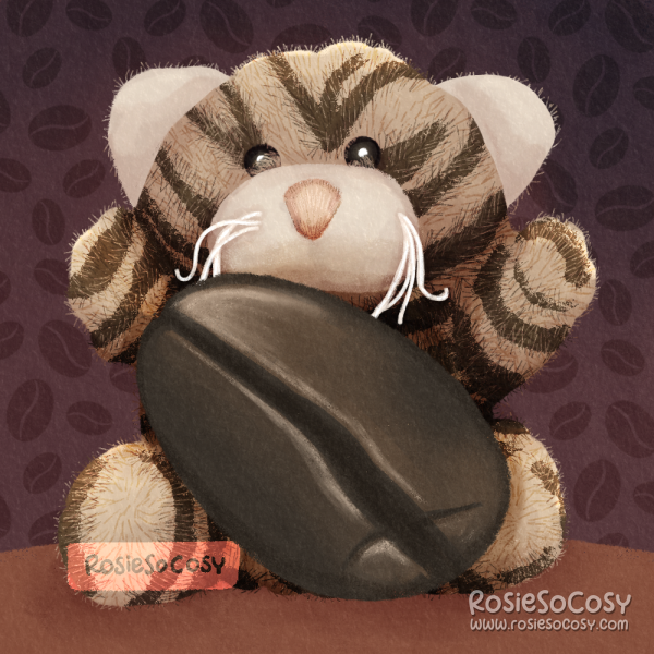 Illustration of Bebe, a small tiger cub plushie, holding a ginormous brown coffee bean.