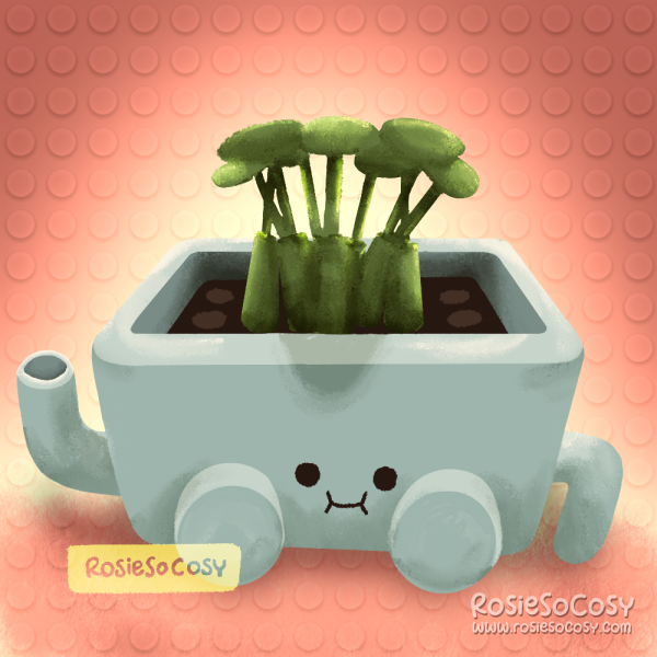 An illustration of a cute LEGO style potted pancake plant with a cute face.
