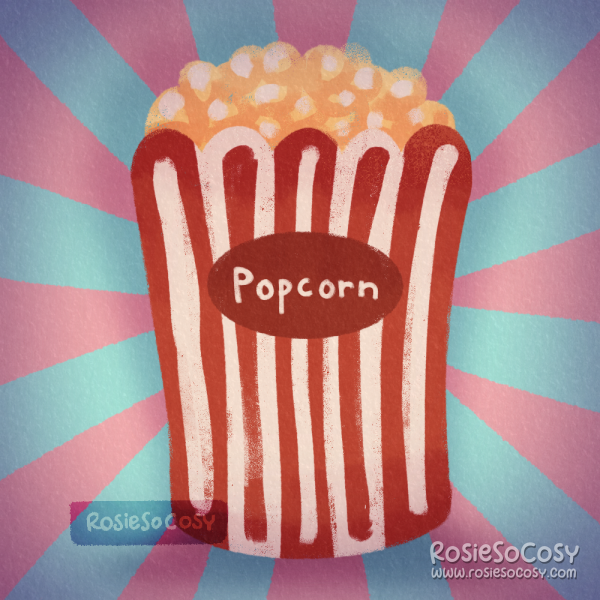 An illustration of a paper bucket of popcorn. It's striped red and white, with an red oval with Popcorn written in white letters. The popcorn looks buttery yellow.