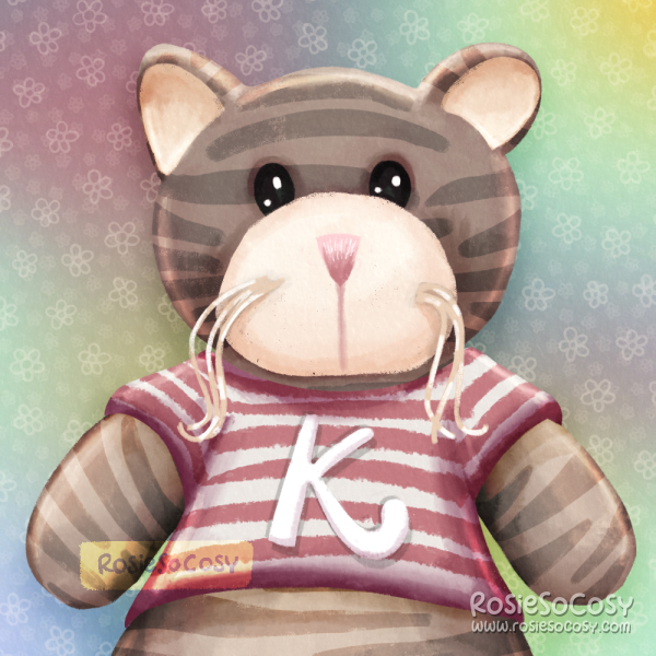 Illustration of a grey striped cat wearing a pink and white striped t-shirt with a big white K printed on it. Her name is Kalgrish.