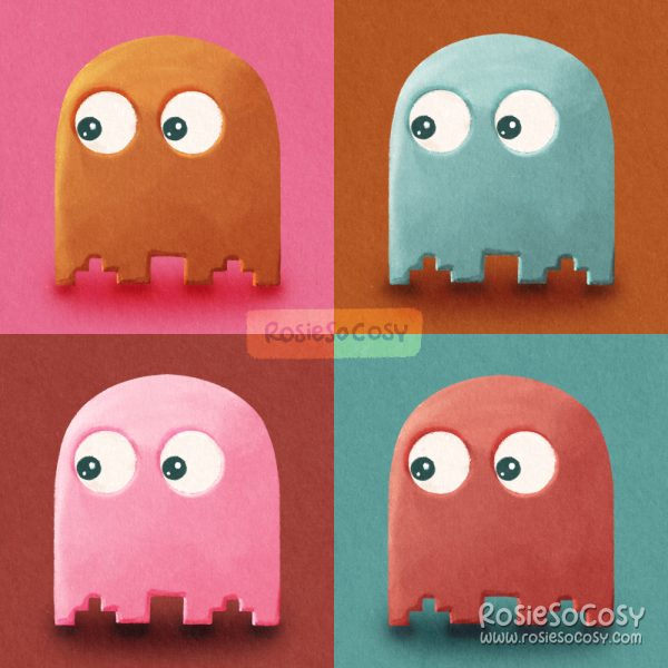 Illustration of 4 coloured ghosts from Pac-man. From top left to bottom right; orange ghost, blue ghost, pink ghost, red ghost.