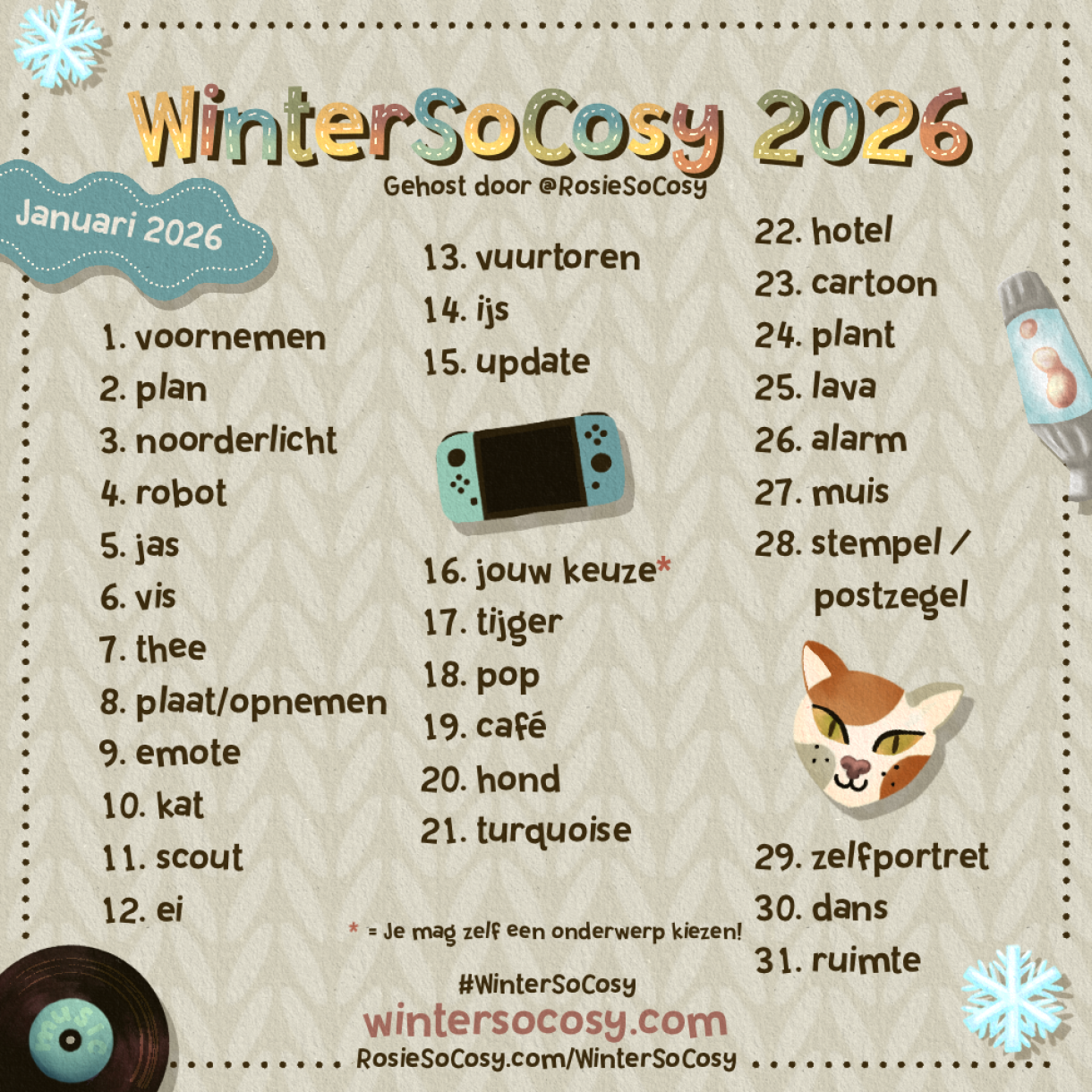 WinterSoCosy Januari 2026 Lijst! Cosy Art Prompts voor Januari