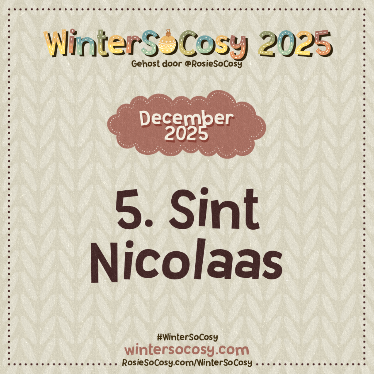 Aankondiging voor dag 5 van WinterSoCosy 2025. Het onderwerp is Sint Nicolaas.
